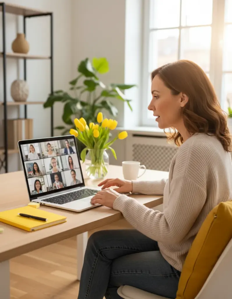 Sinnbild für Neustart mit Herz Kongress von Solveig Rampler. Eine Anfang 40 Jahre alte Frau sitzt in ihrem Homeoffice am Laptop. Auf idesem sind mehrere Personen eines Online-Kongress zu sehen.